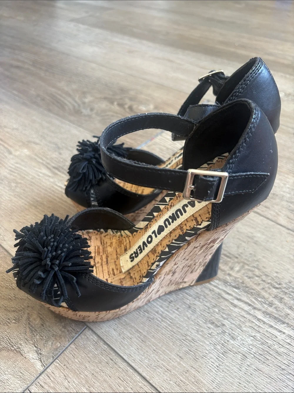 Harajuku Lovers Gwen Stefani Black Cork Platform Wedges w Black Leather Pom Poms